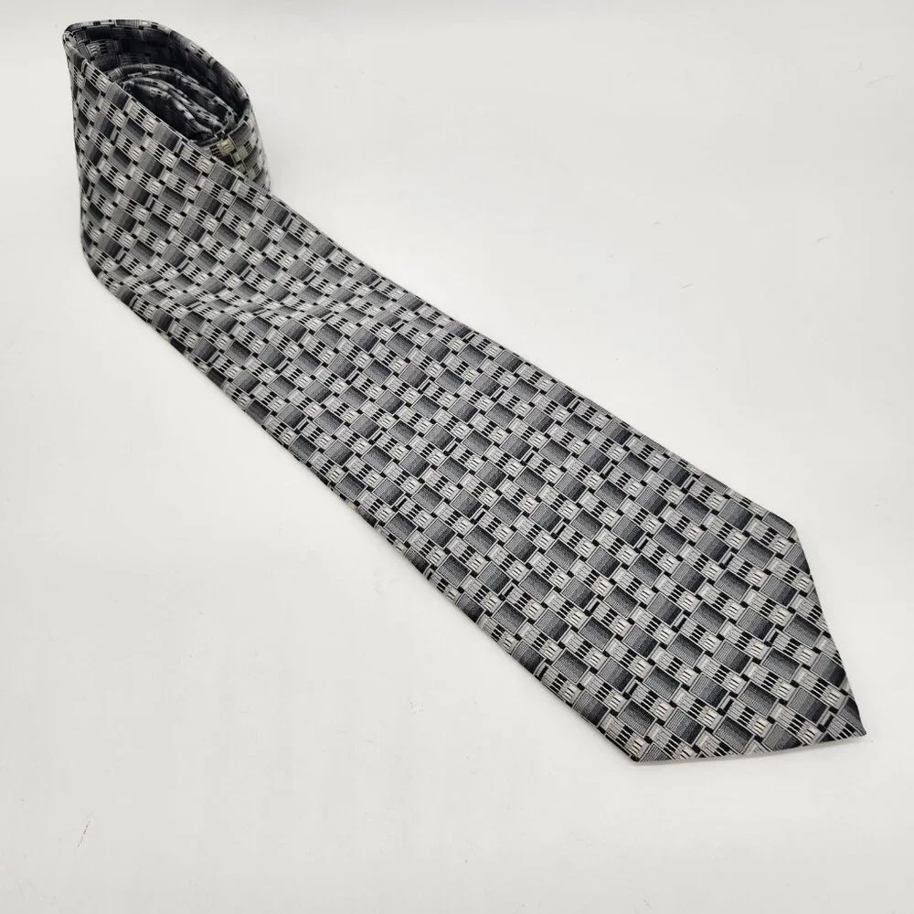 Stafford Mens Necktie Tie Silk Geometric Black Silver Gray‎ EUC